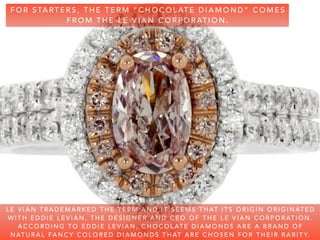 F O R S TA RT E R S , T H E T E R M “ C H O C O L AT E D I A M O N D ” C O M E S
F R O M T H E L E V I A N C O R P O R AT I O N .
L E V I A N T R A D E M A R K E D T H E T E R M A N D I T S E E M S T H AT I T S O R I G I N O R I G I N AT E D
W I T H E D D I E L E V I A N , T H E D E S I G N E R A N D C E O O F T H E L E V I A N C O R P O R AT I O N .
A C C O R D I N G T O E D D I E L E V I A N , C H O C O L AT E D I A M O N D S A R E A B R A N D O F
N AT U R A L FA N C Y C O L O R E D D I A M O N D S T H AT A R E C H O S E N F O R T H E I R R A R I T Y.
 