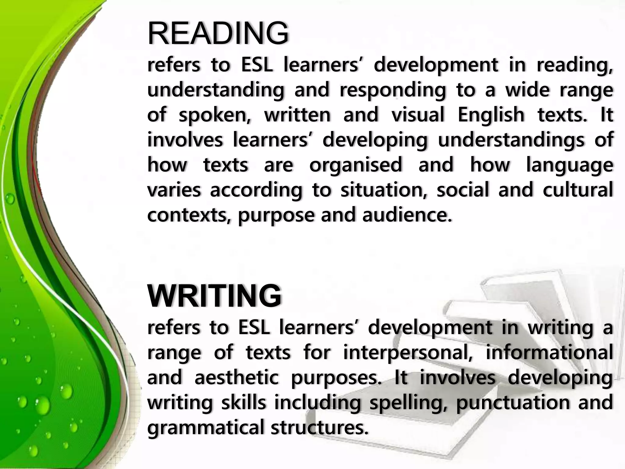 READING
refers to ESL learners’ development in reading,
understanding and responding to a wide range
of spoken, written and visual English texts. It
involves learners’ developing understandings of
how texts are organised and how language
varies according to situation, social and cultural
contexts, purpose and audience.
WRITING
refers to ESL learners’ development in writing a
range of texts for interpersonal, informational
and aesthetic purposes. It involves developing
writing skills including spelling, punctuation and
grammatical structures.
 