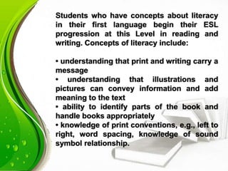Students who have concepts about literacy
in their first language begin their ESL
progression at this Level in reading and
writing. Concepts of literacy include:
• understanding that print and writing carry a
message
• understanding that illustrations and
pictures can convey information and add
meaning to the text
• ability to identify parts of the book and
handle books appropriately
• knowledge of print conventions, e.g., left to
right, word spacing, knowledge of sound
symbol relationship.
 