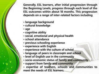 Generally, ESL learners, after initial progression through
the Beginning Levels, progress through each level of the
ESL outcomes within about 18 months. This progression
depends on a range of inter-related factors including
• language background
• cultural knowledge
• age
• cognitive ability
• social, emotional and physical health
• school attendance
• previous schooling experience
• experience with English
• experience with the culture of school
• language of peers in classroom and school
• level of English use in the community
• socio-economic status of family and community
• support from family and community
• expertise of teachers, schools and communities to
meet the needs of ESL learners.
 