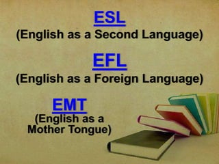 ESL
(English as a Second Language)
EFL
(English as a Foreign Language)
EMT
(English as a
Mother Tongue)
 