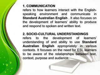 1. COMMUNICATION
refers to how learners interact with the English-
speaking environment and communicate in
Standard Australian English . It also focuses on
the development of learners’ ability to produce
and respond to spoken and written text.
2. SOCIO-CULTURAL UNDERSTANDINGS
refers to the development of learners’
understanding of and ability to use Standard
Australian English appropriately in various
contexts. It focuses on the need for ESL learners
to be aware of the relationships between text,
context, purpose and audience.
 