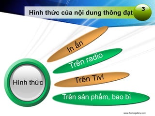3
    Hình thức của nội dung thông đạt




Hình thức

              Trên sản phẩm, bao bì

                                 www.themegallery.com
 