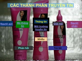 CÁC THÀNH PHẦN TRUYỀN TIN


                       Thông tin
Người gửi   Mã thông                Giải mã            Người
               tin     Môi trường                      nhận
                       truyền tin


                         Nhiễu


            Phản hồi                Trả lời



                                              www.themegallery.com
 