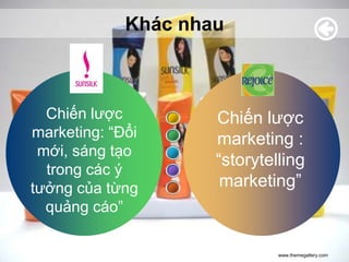 Khác nhau



  Chiến lược         Chiến lược
marketing: “Đổi      marketing :
 mới, sáng tạo
                     “storytelling
  trong các ý
tưởng của từng        marketing”
  quảng cáo”

                              www.themegallery.com
 