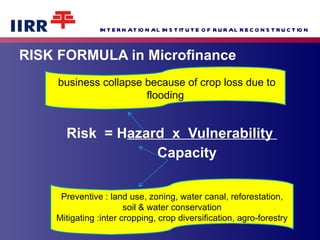 RISK FORMULA in Microfinance Risk  = H azard  x  Vulnerability  Capacity  business collapse because of crop loss due to flooding Preventive : land use, zoning, water canal, reforestation, soil & water conservation Mitigating :inter cropping, crop diversification, agro-forestry 