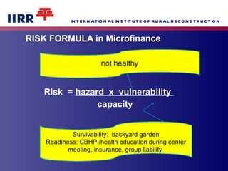 RISK FORMULA in Microfinance Risk  =  hazard  x  vulnerability  capacity  Survivability:  backyard garden Readiness: CBHP /health education during center meeting, insurance, group liability  