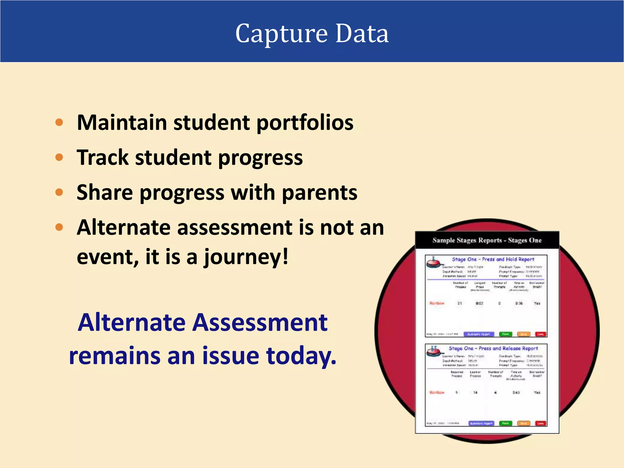 • Maintain student portfolios
• Track student progress
• Share progress with parents
• Alternate assessment is not an
event, it is a journey!
Capture Data
Alternate Assessment
remains an issue today.
 