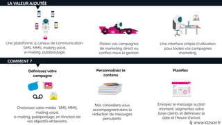 LA VALEUR AJOUTÉE
www.id2son.fr
COMMENT ?
Une plateforme, 5 canaux de communication :
SMS, MMS, mailing vocal,
e-mailing, publipostage.
Pilotez vos campagnes
de marketing direct ou
confiez-nous la gestion.
Une interface simple d’utilisation,
pour toutes vos campagnes
marketing.
Définissez votre
campagne
Personnalisez le
contenu
Planifiez
Choisissez votre média : SMS, MMS,
mailing vocal,
e-mailing, publipostage, en fonction de
vos objectifs et besoins.
Nos conseillers vous
accompagnent dans la
rédaction de messages
percutants.
Envoyez le message au bon
moment, segmentez votre
base clients et définissez la
date et l’heure d’envoi.
 