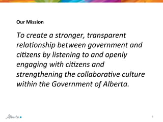 6 
Our 
Mission 
To 
create 
a 
stronger, 
transparent 
rela/onship 
between 
government 
and 
ci/zens 
by 
listening 
to 
and 
openly 
engaging 
with 
ci/zens 
and 
strengthening 
the 
collabora/ve 
culture 
within 
the 
Government 
of 
Alberta. 
 