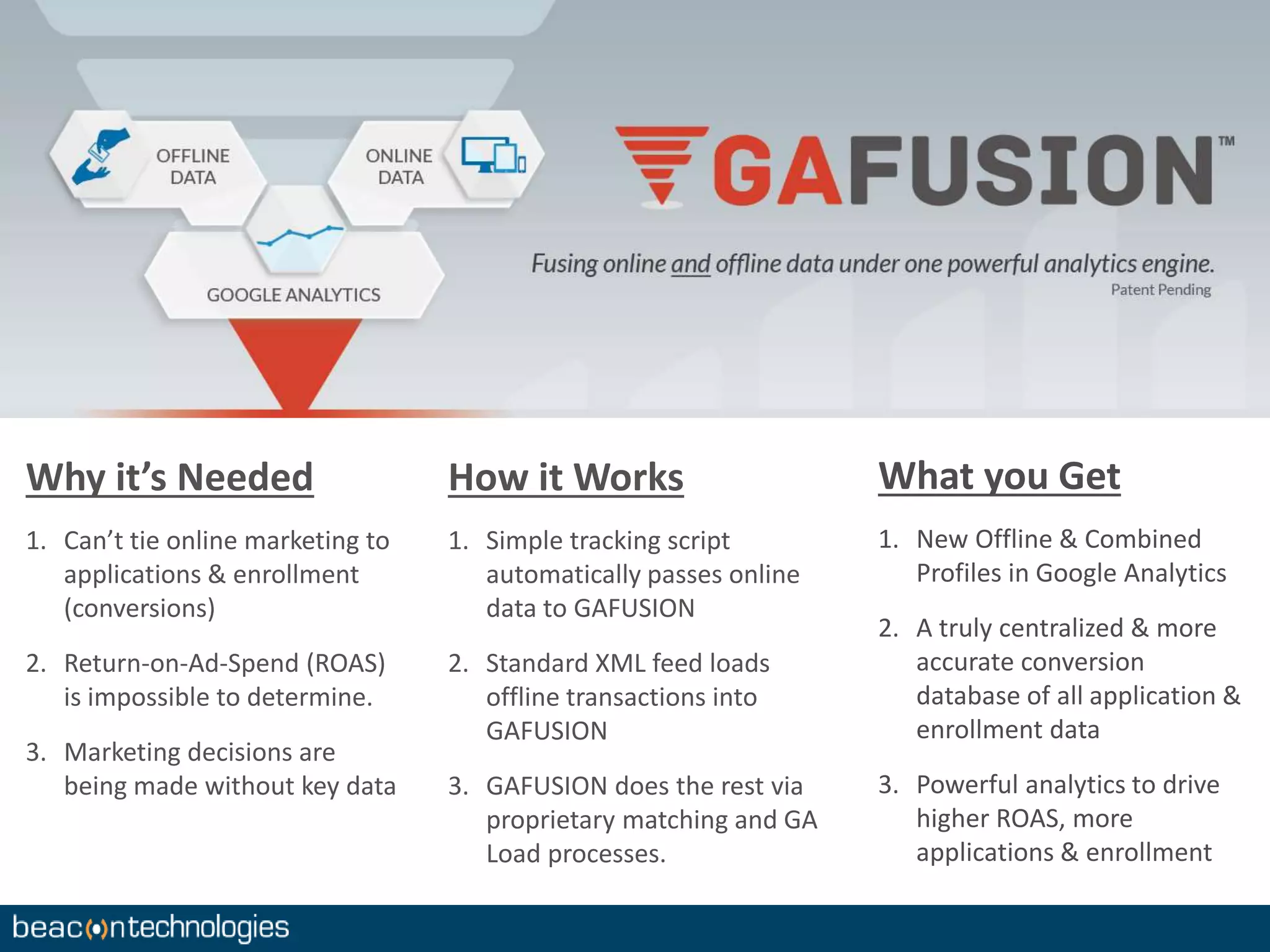 Why it’s Needed 
1. Can’t tie online marketing to 
applications & enrollment 
(conversions) 
2. Return-on-Ad-Spend (ROAS) 
is impossible to determine. 
3. Marketing decisions are 
being made without key data 
How it Works 
1. Simple tracking script 
automatically passes online 
data to GAFUSION 
2. Standard XML feed loads 
offline transactions into 
GAFUSION 
3. GAFUSION does the rest via 
proprietary matching and GA 
Load processes. 
What you Get 
1. New Offline & Combined 
Profiles in Google Analytics 
2. A truly centralized & more 
accurate conversion 
database of all application & 
enrollment data 
3. Powerful analytics to drive 
higher ROAS, more 
applications & enrollment 
 