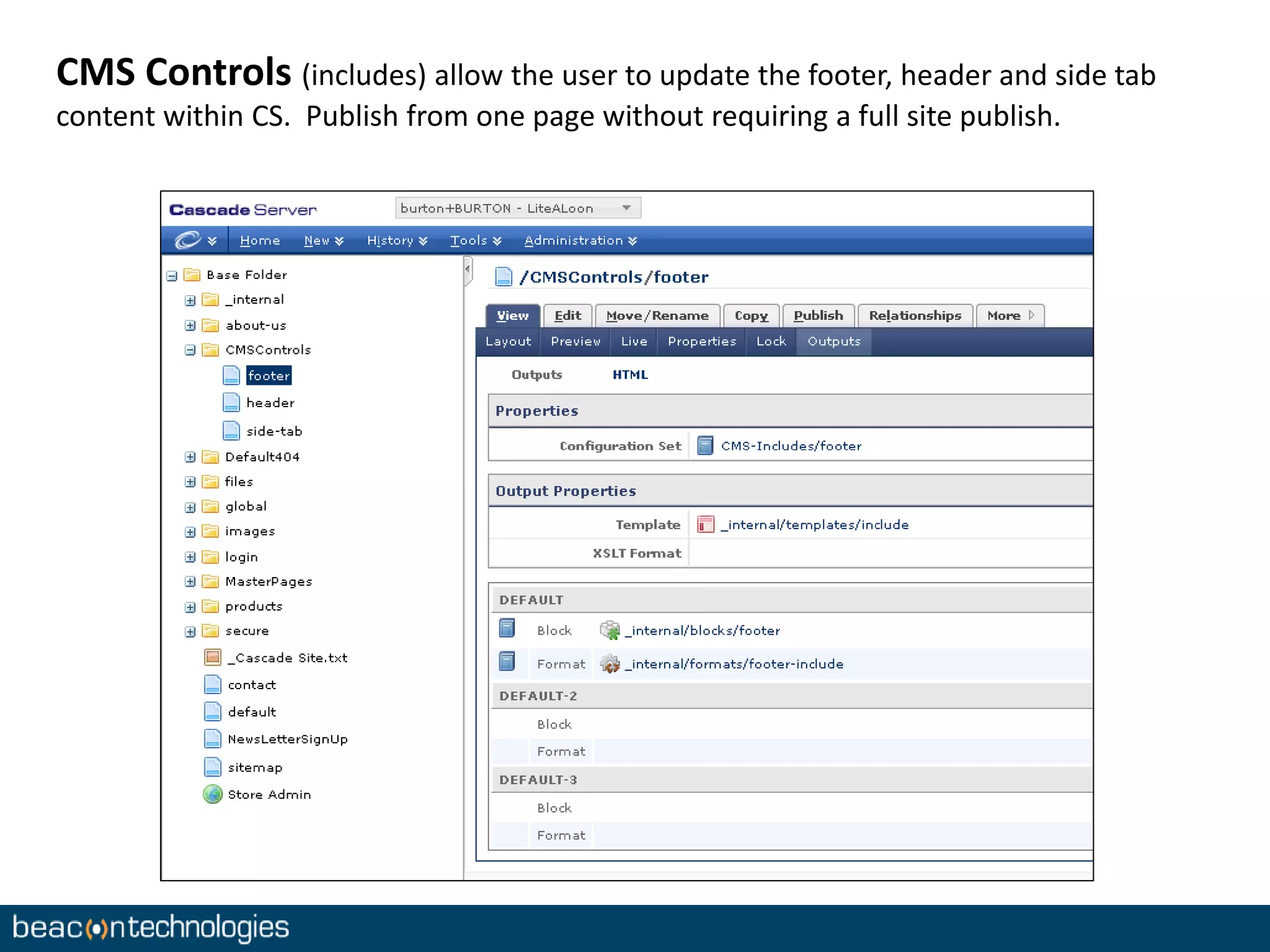 CMS Controls (includes) allow the user to update the footer, header and side tab 
content within CS. Publish from one page without requiring a full site publish. 
 