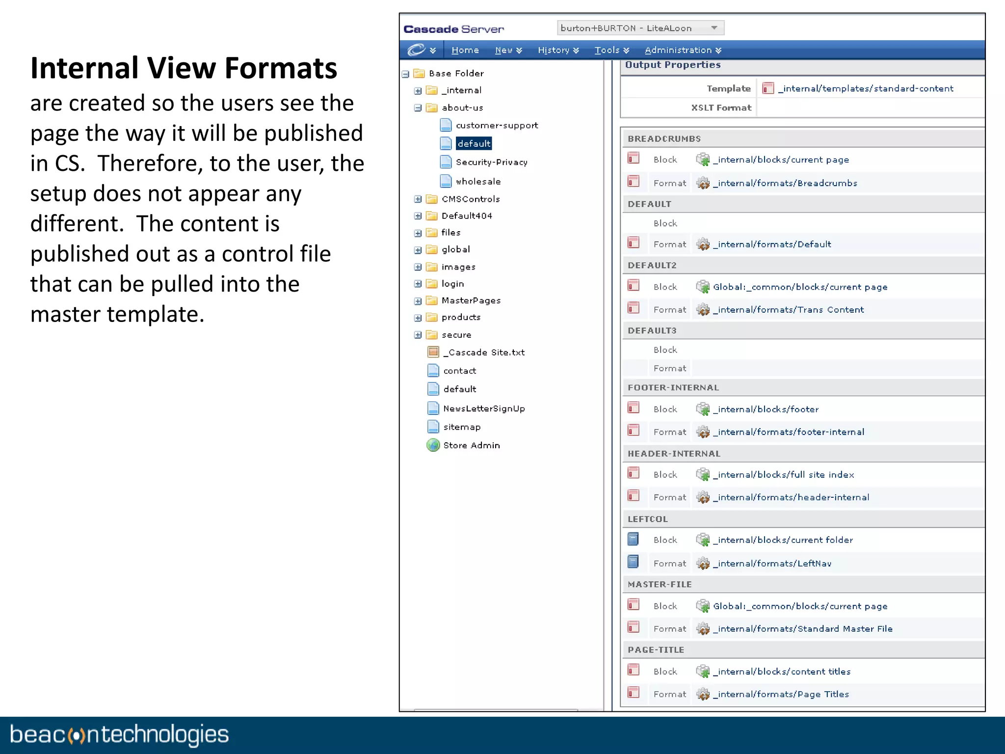 Internal View Formats 
are created so the users see the 
page the way it will be published 
in CS. Therefore, to the user, the 
setup does not appear any 
different. The content is 
published out as a control file 
that can be pulled into the 
master template. 
 