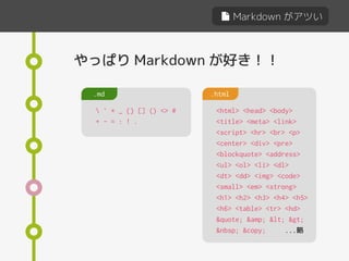 Markdown がアツい
やっぱり Markdown が好き！！
 ` * _ {} [] () <> #
+ - = : ! .
.md .html
<html> <head> <body>
<title> <meta> <link>
<script> <hr> <br> <p>
<center> <div> <pre>
<blockquote> <address>
<ul> <ol> <li> <dl>
<dt> <dd> <img> <code>
<small> <em> <strong>
<h1> <h2> <h3> <h4> <h5>
<h6> <table> <tr> <hd>
&quote; &amp; < >
&nbsp; &copy; ...略
 