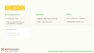 MARKDOWN
https://enterprise.github.com/downloads/en/markdown-cheatsheet.pdf
 