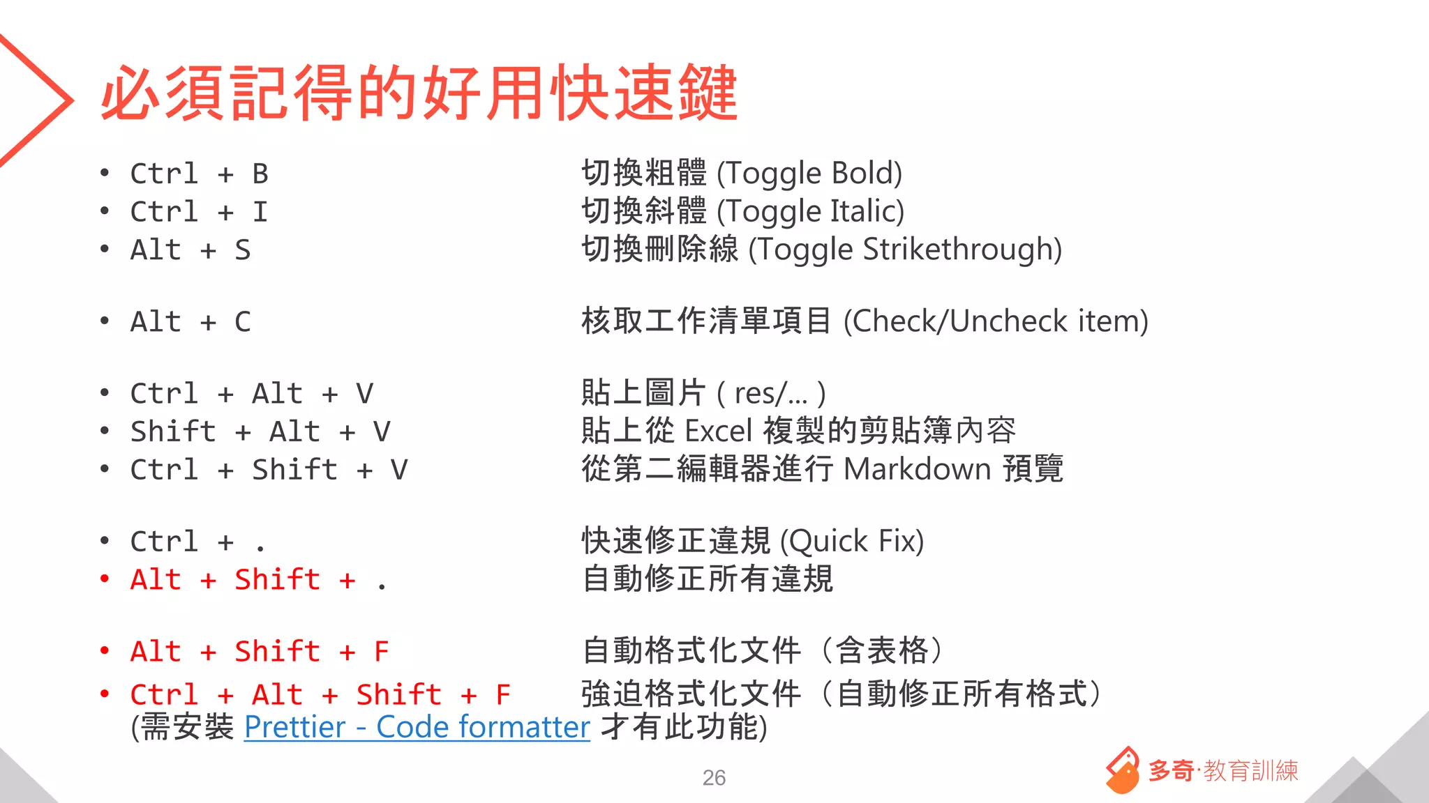 必須記得的好用快速鍵
• Ctrl + B 切換粗體 (Toggle Bold)
• Ctrl + I 切換斜體 (Toggle Italic)
• Alt + S 切換刪除線 (Toggle Strikethrough)
• Alt + C 核取工作清單項目 (Check/Uncheck item)
• Ctrl + Alt + V 貼上圖片 ( res/... )
• Shift + Alt + V 貼上從 Excel 複製的剪貼簿內容
• Ctrl + Shift + V 從第二編輯器進行 Markdown 預覽
• Ctrl + . 快速修正違規 (Quick Fix)
• Alt + Shift + . 自動修正所有違規
• Alt + Shift + F 自動格式化文件（含表格）
• Ctrl + Alt + Shift + F 強迫格式化文件（自動修正所有格式）
(需安裝 Prettier - Code formatter 才有此功能)
26
 