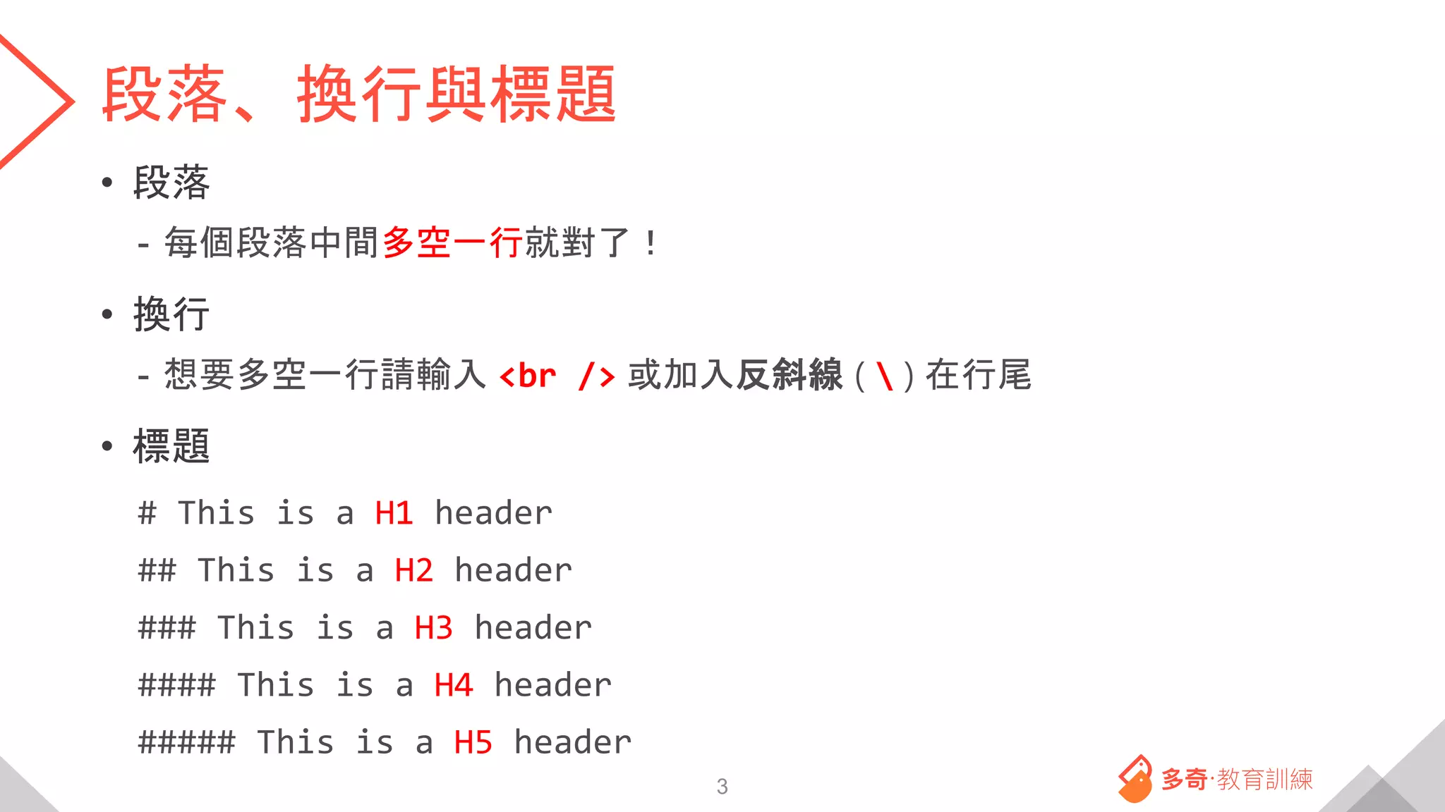段落、換行與標題
• 段落
- 每個段落中間多空一行就對了！
• 換行
- 想要多空一行請輸入 <br /> 或加入反斜線 (  ) 在行尾
• 標題
# This is a H1 header
## This is a H2 header
### This is a H3 header
#### This is a H4 header
##### This is a H5 header
3
 