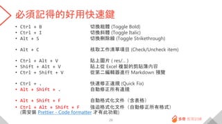 必須記得的好用快速鍵
• Ctrl + B 切換粗體 (Toggle Bold)
• Ctrl + I 切換斜體 (Toggle Italic)
• Alt + S 切換刪除線 (Toggle Strikethrough)
• Alt + C 核取工作清單項目 (Check/Uncheck item)
• Ctrl + Alt + V 貼上圖片 ( res/... )
• Shift + Alt + V 貼上從 Excel 複製的剪貼簿內容
• Ctrl + Shift + V 從第二編輯器進行 Markdown 預覽
• Ctrl + . 快速修正違規 (Quick Fix)
• Alt + Shift + . 自動修正所有違規
• Alt + Shift + F 自動格式化文件（含表格）
• Ctrl + Alt + Shift + F 強迫格式化文件（自動修正所有格式）
(需安裝 Prettier - Code formatter 才有此功能)
26
 