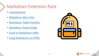 Markdown Extension Pack
• markdownlint
• Markdown All in One
• Markdown Table Prettifier
• Markdown Paste Image
• Excel to...