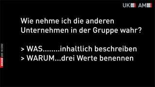 Wie nehme ich die anderen
Unternehmen in der Gruppe wahr?

> WAS........inhaltlich beschreiben
> WARUM...drei Werte benennen
 