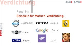 Verdichtung
             1
     Regel Nr.
     Beispiele für Marken-Verdichtung:

        ...Sicherheit      ...atmen


                            ...Suche
         ...Love


        ...Pflege           ...zart
 