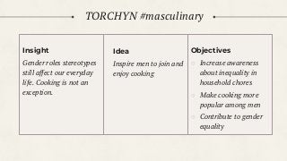 Insight
Gender roles stereotypes
still affect our everyday
life. Cooking is not an
exception.
Idea
Inspire men to join and
enjoy cooking
Objectives
○ Increase awareness
about inequality in
household chores
○ Make cooking more
popular among men
○ Contribute to gender
equality
TORCHYN #masculinary
 
