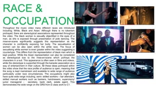 RACE &
OCCUPATIONThroughout the music video many different races are introduced
including; White, Black and Asian. Although there is no tokenism
portrayed, there are stereotypical associations represented throughout
the video. The black woman is sexually objectified in the eyes of a
man, as she is exposed through presentation of pole dancing. The
mise-en-scene significantly suggests this representation as the
character is confidently exposing her body. The sexualisation of
women can be also seen within the white race. The focus of
sexualising white women is even greater within the video suggesting a
countertype. This differs from the representation of black men which is
kept positive. While the Asian representation can also be considered
as stereotypical due to the mise-en-scene which portrays the
characters in a suit. This appearance is often seen in films and videos,
while the stereotype is supported through the karaoke association as a
way of entertainment in their culture. All these ideas portrayed within
the video show that the race profile of audience is open, meaning that
the song is kept mainstream and available to wide range of audience
particularly under race circumstances. The occupations might also
have quite wide range including; semi- skilled workers – bar attendant,
skilled manual workers such as bankers, hairdressers, supervisory/
junior managerial - secretary, bank clerk, estate agent. This
demonstrates the wide range on the GRS from D class work to C1.
 