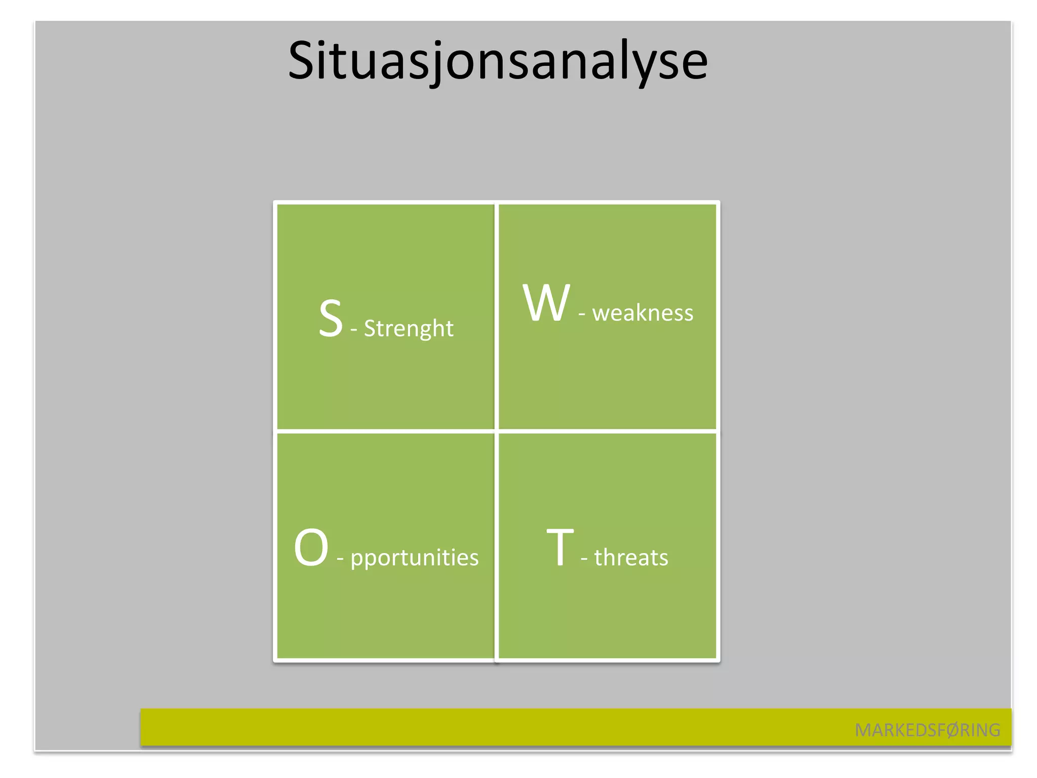 Situasjonsanalyse



  S - Strenght     W - weakness



O - pportunities    T - threats

                                  MARKEDSFØRING
 