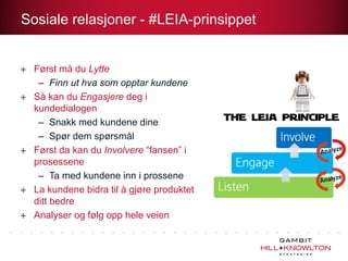 Sosiale relasjoner - #LEIA-prinsippet


  Først må du Lytte
   – Finn ut hva som opptar kundene
  Så kan du Engasjere deg ...