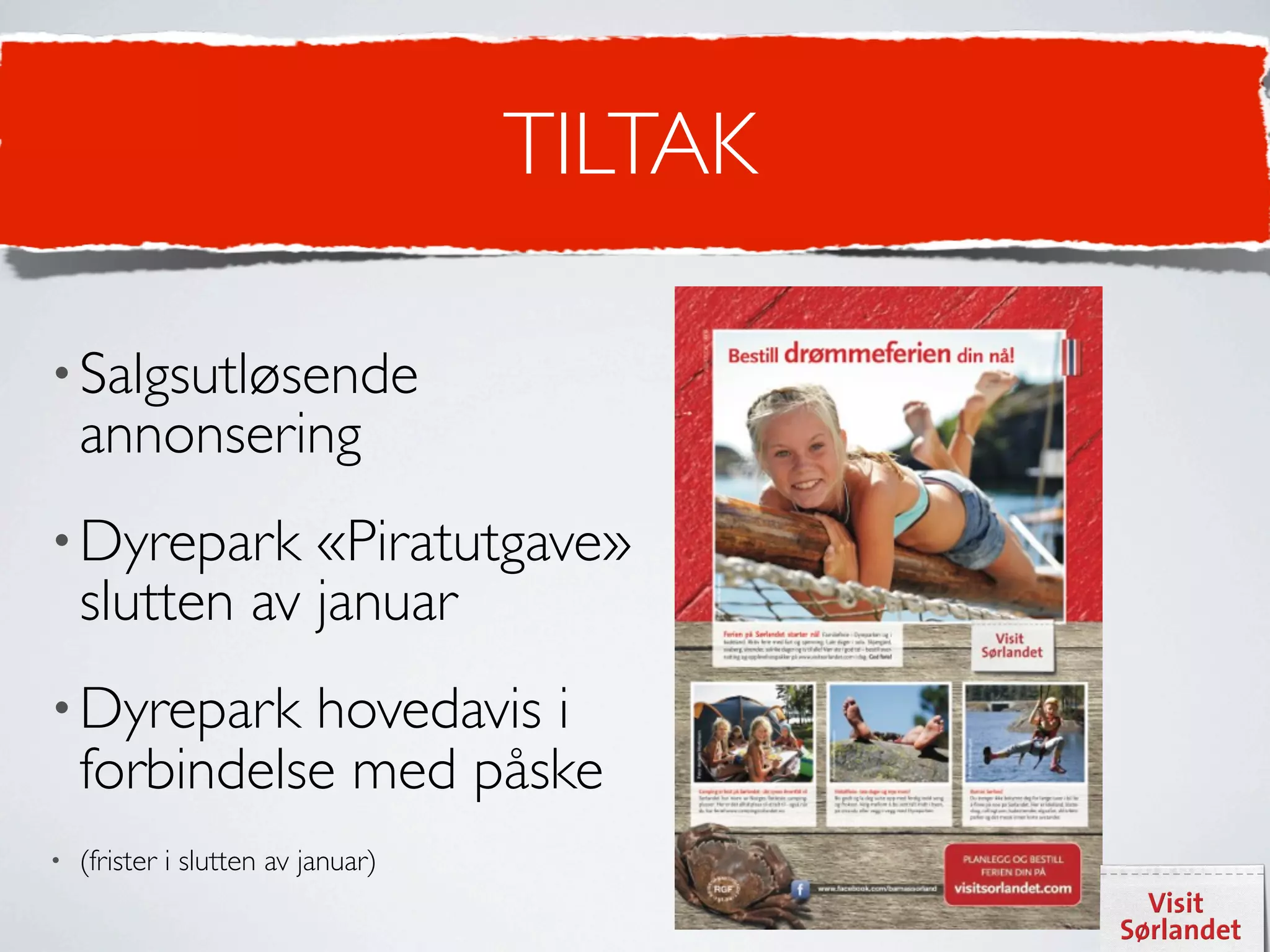 TILTAK

• Salgsutløsende
    annonsering
• Dyrepark     «Piratutgave»
    slutten av januar
• Dyrepark    hovedavis i
    forbindelse med påske
•   (frister i slutten av januar)
 