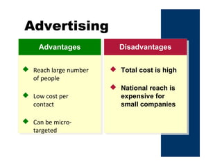 Advertising
Advantages Disadvantages
 Reach large number
of people
 Low cost per
contact
 Can be micro-
targeted
 Total cost is high
 National reach is
expensive for
small companies
 
