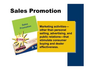 Sales Promotion
Marketing activities—
other than personal
selling, advertising, and
public relations—that
stimulate consumer
buying and dealer
effectiveness.
Sales
Promotion
Sales
Promotion
 