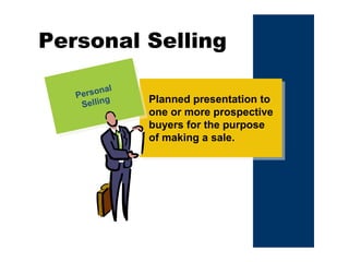Personal Selling
Planned presentation to
one or more prospective
buyers for the purpose
of making a sale.
Personal
Selling
Personal
Selling
 