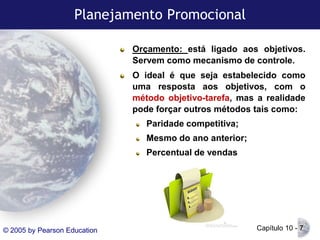 Planejamento Promocional
Orçamento: está ligado aos objetivos.
Servem como mecanismo de controle.
O ideal é que seja estabelecido como
uma resposta aos objetivos, com o
método objetivo-tarefa, mas a realidade
pode forçar outros métodos tais como:

Paridade competitiva;
Mesmo do ano anterior;

Percentual de vendas

© 2005 by Pearson Education

Capítulo 10 - 7

 