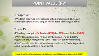 1.Pengertian
-PV adalah nilai yang melekat pada setiap produk yang dibeli oleh
Mitra Usaha (konsultan), yang dijadikan dasar perhitungan Bonus
2.Jenis PV
-PV terbagi dua, yaitu PV Perdana(PVP) dan PV Repeat Order (PVRO)
-PV Perdana adalah, nilai PV dari pembelanjaan 1PV sd 1,000PV.
Digunakan untuk menghitung Komisi Fast Start dan Komisi Pairing.
-PV RO adalah, Nilai PV dari pembelanjaan diatas 1,000PV. Digunakan
untuk menghitung Komisi Generasi RO.
Syarat Qualifikasi Semua Bonus: Anda harus memiliki Personal Sales min 1,000 PV
 