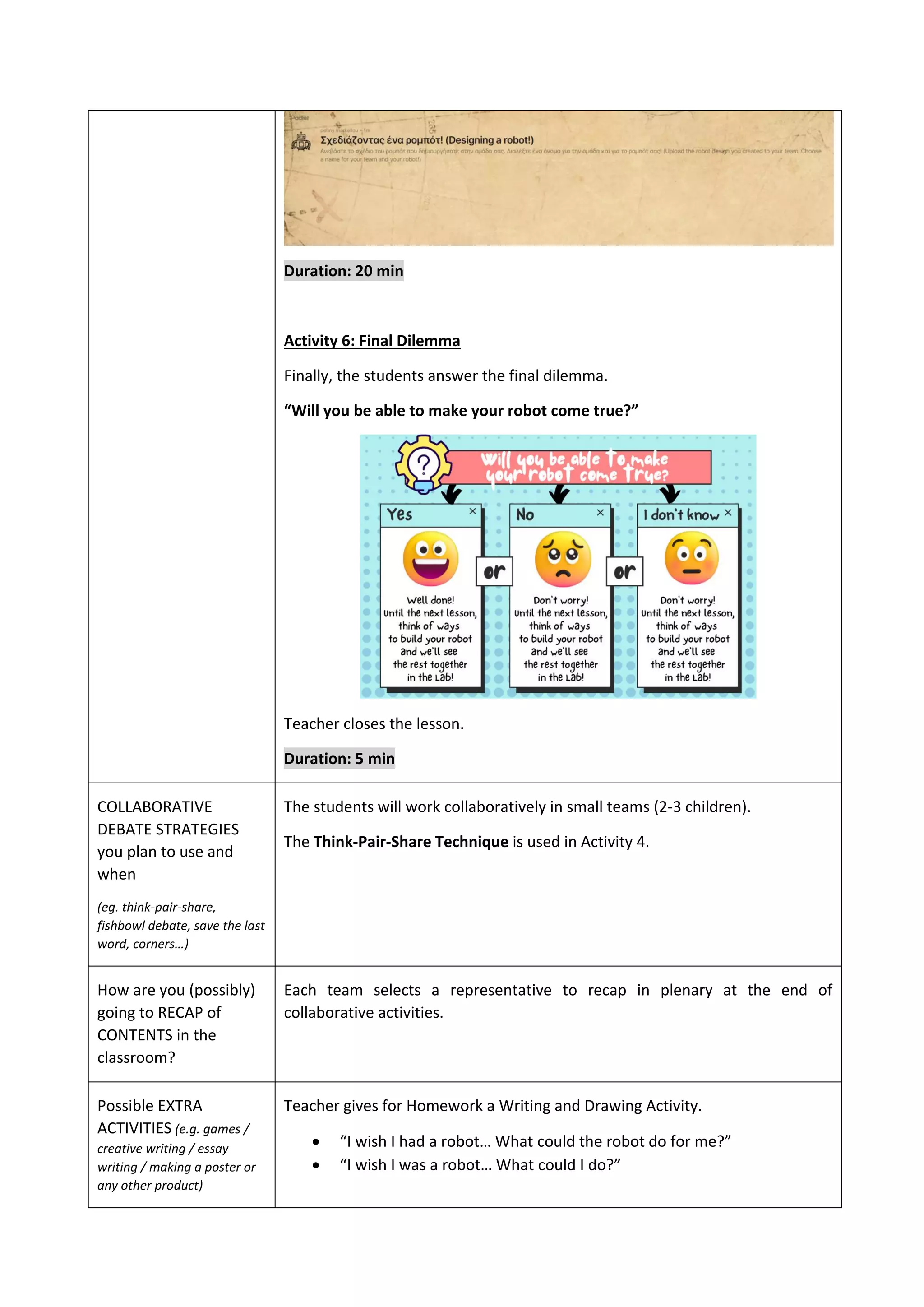 Duration: 20 min
Activity 6: Final Dilemma
Finally, the students answer the final dilemma.
“Will you be able to make your robot come true?”
Teacher closes the lesson.
Duration: 5 min
COLLABORATIVE
DEBATE STRATEGIES
you plan to use and
when
(eg. think-pair-share,
fishbowl debate, save the last
word, corners…)
The students will work collaboratively in small teams (2-3 children).
The Think-Pair-Share Technique is used in Activity 4.
How are you (possibly)
going to RECAP of
CONTENTS in the
classroom?
Each team selects a representative to recap in plenary at the end of
collaborative activities.
Possible EXTRA
ACTIVITIES (e.g. games /
creative writing / essay
writing / making a poster or
any other product)
Teacher gives for Homework a Writing and Drawing Activity.
• “I wish I had a robot… What could the robot do for me?”
• “I wish I was a robot… What could I do?”
 