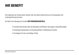 IHR BENEFIT
Die Ergebnisse der Studie gehen deutlich über die übliche Betrachtung von Einzelaspekten der
Leistungserbringung hinaus.
!
Sie liefert dem Management direkte WETTBEWERBSVORTEILE
!
• schnelle Erkenntnisse über die Aktualität und Relevanz des eigenen Geschäftsmodells
!
• eindeutige Ansatzpunkte und Handlungsfelder im Marketing & Vertrieb
!
• Grundlagen für den nachhaltigen Erfolg
www.eureb-institute.eu
 