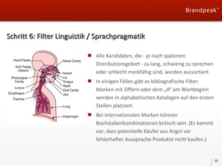 Schritt 6: Filter Linguistik / Sprachpragmatik
Alle Kandidaten, die - je nach späterem
Distributionsgebiet - zu lang, schwierig zu sprechen
oder schlecht merkfähig sind, werden aussortiert.
In einigen Fällen gibt es bibliografische Filter:
Marken mit Ziffern oder dem „A“ am Wortbeginn
werden in alphabetischen Katalogen auf den ersten
Stellen platziert.
Bei internationalen Marken können
Buchstabenkombinationen kritisch sein. (Es kommt
vor, dass potentielle Käufer aus Angst vor
fehlerhafter Aussprache Produkte nicht kaufen.)

18

 