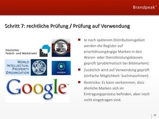 Schritt 7: rechtliche Prüfung / Prüfung auf Verwendung
Je nach späterem Distributionsgebiet
werden die Register auf
prioritätsvorgängige Marken in den
Waren- oder Dienstleistungsklassen
geprüft (problematisch bei Bildmarken).
Zusätzlich wird auf Verwendung geprüft
(einfache Möglichkeit: Suchmaschinen).
Restrisiko: Es kann vorkommen, dass
ähnliche Marken sich im
Eintragungsprozess befinden, aber noch
nicht eingetragen sind.

19

 