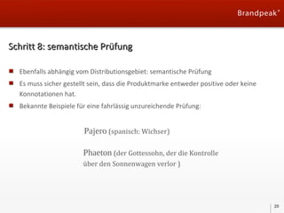 Schritt 8: semantische Prüfung
Ebenfalls abhängig vom Distributionsgebiet: semantische Prüfung
Es muss sicher gestellt sein, dass die Produktmarke entweder positive oder keine
Konnotationen hat.
Bekannte Beispiele für eine fahrlässig unzureichende Prüfung:

Pajero (spanisch: Wichser)
Phaeton (der Gottessohn, der die Kontrolle
über den Sonnenwagen verlor )

20

 