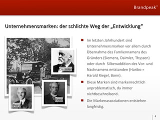 Unternehmensmarken: der schlichte Weg der „Entwicklung“

Daimler

Im letzten Jahrhundert sind
Unternehmensmarken vor allem durch
Übernahme des Famliennamens des
Gründers (Siemens, Daimler, Thyssen)
oder durch Silbenaddition des Vor- und
Nachnamens entstanden (Haribo =
Harald Riegel, Bonn).
Diese Marken sind markenrechtlich
unproblematisch, da immer
nichtbeschreibend.

Benz
Ford

Die Markenassoziationen entstehen
langfristig.
4

 