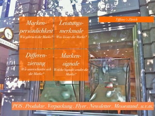 63
Tiffany‘s Zürich
Marken-
persönlichkeit
Wie gibt sich die Marke?
Leistungs-
merkmale
Was leistet die Marke?
Differen-
zierung
Wie unterscheidet sich
die Marke?
Marken-
signale
Welche Signale sendet die
Marke?
POS . Produkte . Verpackung . Flyer . Newsletter . Messestand . u.v.m.
 