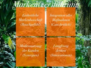 Marken(ver)führung
Einheitliche
Markenbotschaft
(Bauchgefühl)
Integration aller
Maßnahmen
(Ganzheitlich)
Mediennutzung
der Kunden
(Synergien)
Langfristig
denken
(Innovationen)
 