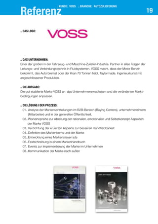 19
..	Das Logo:
.. KUNDE: VOSS .. BRANCHE: Autozulieferung
..	Das Unternehmen:
Einer der großen in der Fahrzeug- und Maschine-Zuliefer-Industrie. Partner in allen Fragen der
Leitungs- und Verbindungstechnik in Fluidsystemen. VOSS macht, dass der Motor Benzin
bekommt, das Auto bremst oder der Kran 70 Tonnen hebt. Taylormade. Ingenieurkunst mit
angeschlossener Produktion.
..	Die Aufgabe:
Die gut etablierte Marke VOSS an das Unternehmenswachstum und die veränderten Markt-
bedingungen anpassen.
..	Die Lösung | der prozess:
	 01..	Analyse der Markenvorstellungen im B2B-Bereich (Buying Centers), unternehmensintern
(Mitarbeiter) und in der generellen Öffentlichkeit.
	 02..	Workshopreihe zur Ableitung der rationalen, emotionalen und Selbstkonzept-Aspekten
der Marke VOSS
	 03..	Verdichtung der eruierten Aspekte zur besseren Handhabbarkeit
	 04..	Defintion des Markenkerns und der Marke
	 05..	Entwicklung eines Markensteuerrads
	 06..	Festschreibung in einem Markenhandbuch
	 07..	Events zur Implementierung der Marke im Unternehmen
	 08..	Kommunikation der Marke nach außen
Referenz
 