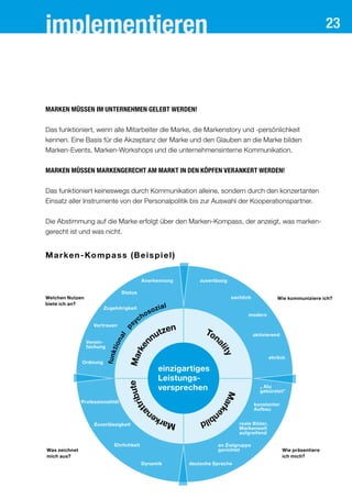 23
Marken müssen im Unternehmen gelebt werden!
Das funktioniert, wenn alle Mitarbeiter die Marke, die Markenstory und -persönlichkeit
kennen. Eine Basis für die Akzeptanz der Marke und den Glauben an die Marke bilden
Marken-Events, Marken-Workshops und die unternehmensinterne Kommunikation.
Marken müssen markengerecht am Markt in den Köpfen verankert werden!
Das funktioniert keineswegs durch Kommunikation alleine, sondern durch den konzertanten
Einsatz aller Instrumente von der Personalpolitik bis zur Auswahl der Kooperationspartner.
Die Abstimmung auf die Marke erfolgt über den Marken-Kompass, der anzeigt, was marken-
gerecht ist und was nicht.
implementieren
Marken-Kompass (Beispiel)
funktional
p
sychosozial
zuverlässigAnerkennung
sachlich
Status
modern
Zugehörigkeit
aktivierend
Vertrauen
Verein-
fachung
ehrlich
Ordnung
„ Alu
gebürstet”
Professionalität
konstanter
Aufbau
reale Bilder,
Markenwelt
aufgreifend
Zuverlässigkeit
Ehrlichkeit an Zielgruppe
gerichtet
deutsche SpracheDynamik
Marke
nnutzen
funktional
p
sychosozial
Marken
attribute
Marke
nbild
Ton
ality
Welchen Nutzen
biete ich an?
Was zeichnet
mich aus?
Wie kommuniziere ich?
Wie präsentiere
ich mich?
einzigartiges
Leistungs-
versprechen
 
