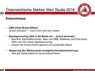 © European Brand Institute 2016
• CBO (Chief Brand Officer)
„brand champion“ – nach innen und nach außen.
• Sportsponsoring zahlt in die Marke ein – „brand advocacy“
- Red Bull, Admiral/Novomatic, Spar und ÖBB, Raiffeisen und Erste Bank,
OMV und VIG nutzen Sportsponsoring
- erreicht die Konsumenten gekonnt auf emotionaler Ebene
• Steigerung des Markenwerts ermöglicht Umsatzmaximierung
- Dies gilt insbesondere für Sportvereine/Teams
Österreichische Marken Wert Studie 2016
Erkenntnisse
 