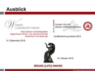 © European Brand Institute 2016
Ausblick
BRAND [LIFE] AWARD
18. Oktober 2016
14. September 2016
Veröffentlichung Herbst 2016
FRAU MACHT UNTERNEHMEN
Digital Power Woman - the vital role of female
leadership in the digital age
 