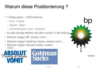 © 2011 
Warum diese Positionierung ? 
• 3 Zielgruppen : 3 Motivationen 
– Fans : Freude. 
– Gegner : Ärger. 
– Unentschlossen Leute : verlocken 
• Es gibt wenige Marken die allen Leuten in der Welt gefallen. 
• Manche mögen BP, andere nicht ... 
• Manche mögen Goldman Sachs, andere nicht ... 
• Manche mögen Absolut Vodka, andere 
nicht... 
Page 24 
 
