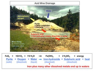 Acid Mine Drainage
FeS2 + 15/4 O2 + 7/2 H2O Fe(OH)3 + 2 H2SO4 + energy
Water
Atmospheric
oxygen
Pyrite
+ other sulphides
+ bacteria
Sulphuric acid
+ iron and other metals dissolved in water
Mine dump,
St. Kevin Gulch,
Colorado, USA
http://toxics.usgs.gov/photo_gallery/photos/upper_ark/mine_dump_lg.jpg
Pyrite + Oxygen + Water Iron-hydroxide + Sulphuric acid + heat
(solid) (dissolved) (liquid) (dissolved) (dissolved)
Iron plus many other dissolved metals end up in waters
 