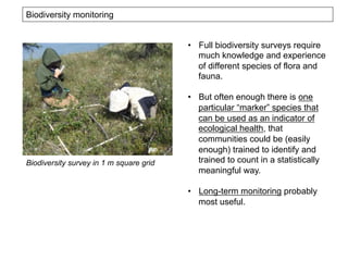 Biodiversity monitoring
•  Full biodiversity surveys require
much knowledge and experience
of different species of flora and
fauna.
•  But often enough there is one
particular “marker” species that
can be used as an indicator of
ecological health, that
communities could be (easily
enough) trained to identify and
trained to count in a statistically
meaningful way.
•  Long-term monitoring probably
most useful.
Biodiversity survey in 1 m square grid
 